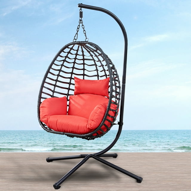 SESSLIFE Patio Egg Chair, Wicker Egg Chair Outdoor Chair, Folding Hanging Egg Chair with Stand and UV Resistant Cushion, Red Basket Chair Egg Swing Chair, TE3134