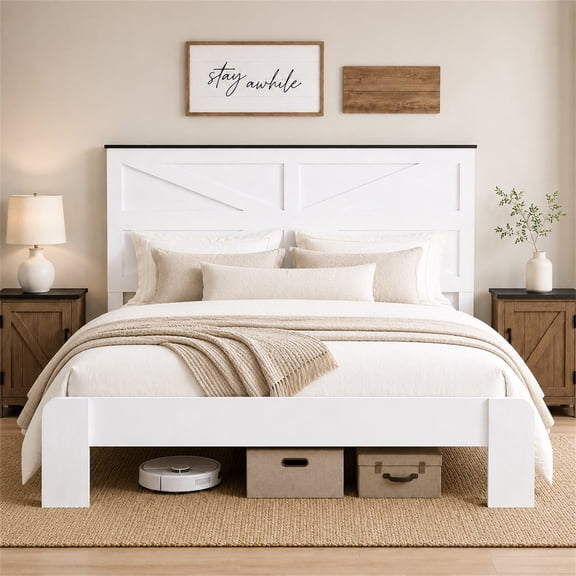 SESSLIFE Full Size Bed Frame with Headboard, Farmhouse Wooden Platform Bed Frame Full with Metal Slat Support, No Box Spring Needed, Noise Free, Easy Assembly, White