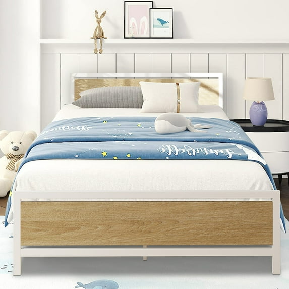 SESSLIFE Platform Bed Frame Queen, White Metal Platform Bed, Bed Frame w/ Headboard, Large Under Bed Storage, Non-Slip Without Noise