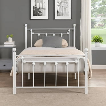 SESSLIFE Platform Bed Frame Twin, White Metal Platform Bed, Bed Frame w/ Headboard, Large Under Bed Storage, Mattress Foundation, Non-Slip Without Noise