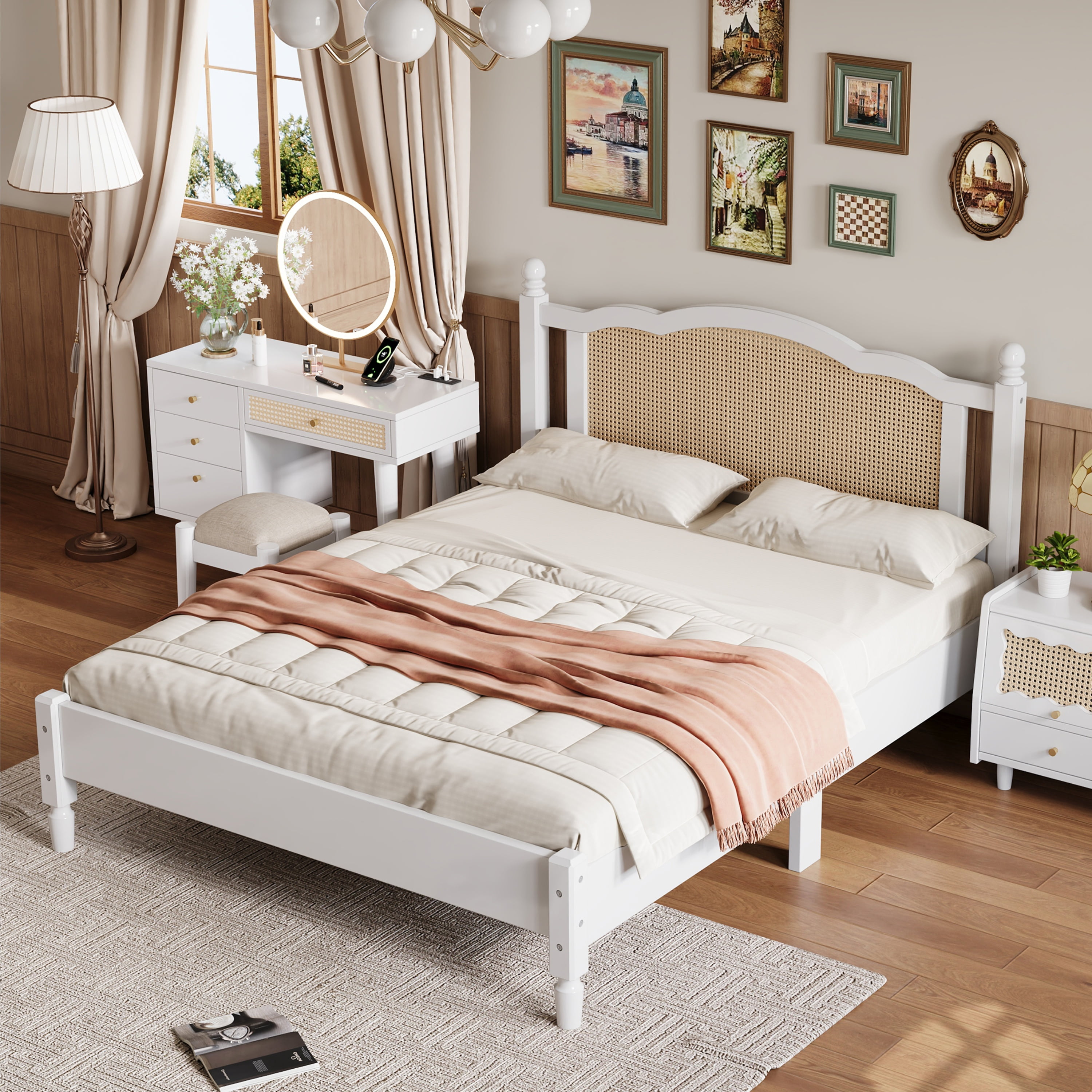 White Queen Size Wood Platform Bed with Rattan Headboard