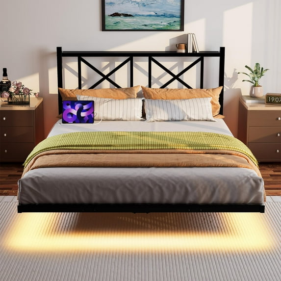 SESSLIFE Queen Metal Bed Frame, Queen Size Bed Frame w/ Headboard, Steel Slat Support, No Box Spring Needed, Easy Assembly,Black