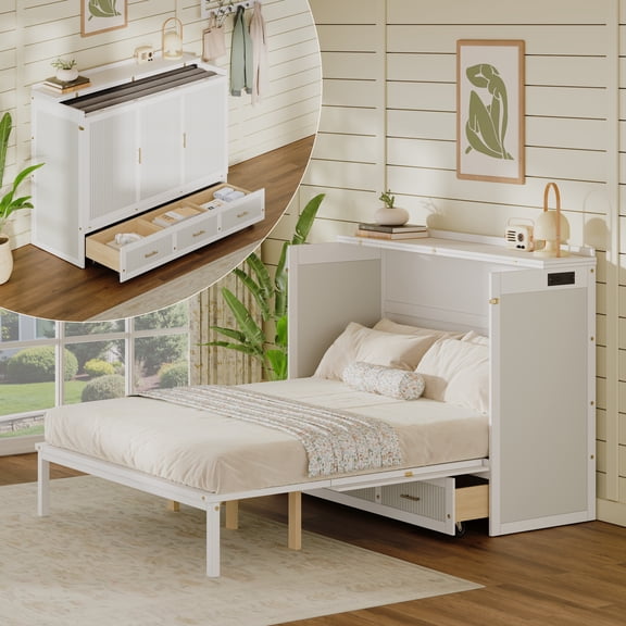 SESSLIFE Queen Murphy Bed Cabinet with Storage and Charging Station, Vertical Foldaway Wall Bed with Safety Lock, Modern Farmhouse Space Saving Hidden Folding Bed Chest for Guest Room, Office, White