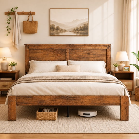 SESSLIFE Queen Size Bed Frame with Headboard, Rustic Wood and Metal ...