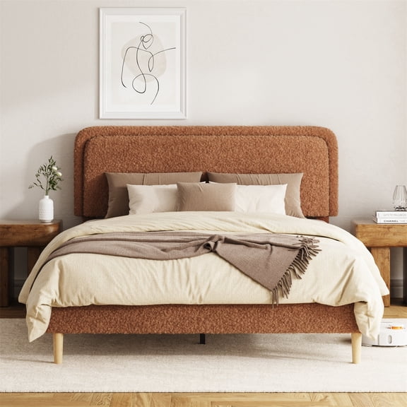SESSLIFE Queen Size Bed Frame, Plush Teddy Upholstered Platform Bed Frame with Adjustable Headboard, No Box Spring Needed, Noise Free, Easy Assembly, Brown