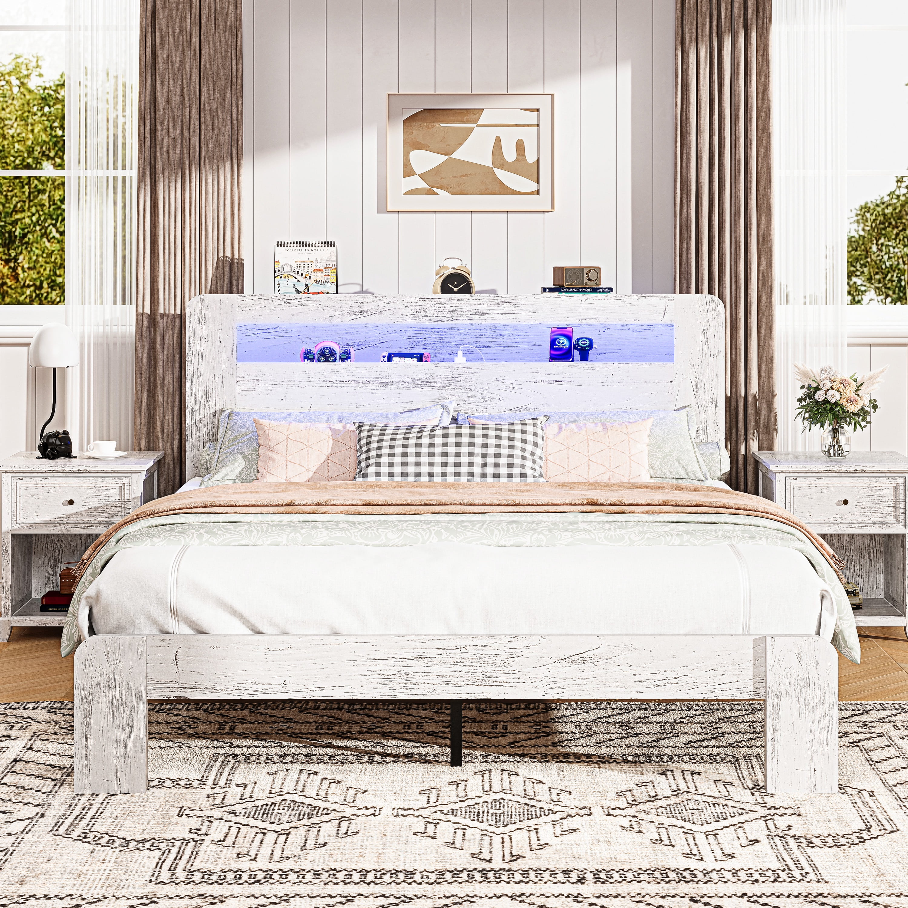 SESSLIFE Queen Size Bed Frame with Storage, Wood Platform Bed Frame with Charging Station and LED Light, Vintage Queen Bed Frame with Headboard and Wood Slats, No Box Spring Needed, White/Grey