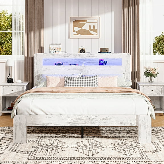 SESSLIFE Queen Size Bed Frame with Storage, Wood Platform Bed Frame with Charging Station and LED Light, Vintage Queen Bed Frame with Headboard and Wood Slats, No Box Spring Needed, White/Grey