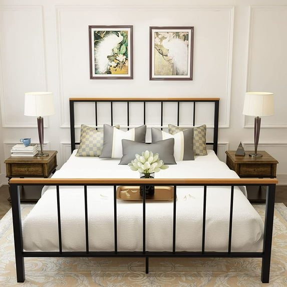 SESSLIFE Queen Size Metal Bed Frame with Headboard and Footboard, No Box Spring Needed Platform Bed, Mattress Foundation, Heavy Duty Steel Slat Support, Under-Bed Storage, Vintage Style
