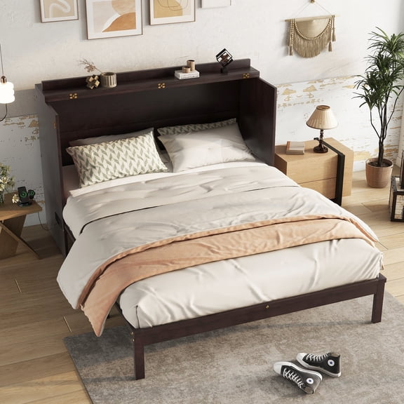 SESSLIFE Queen Size Murphy Bed, Rattan Murphy Cabinet Bed with Charging Station and Storage Drawer, Wood Space Saving Hidden Folding Bed Chest for Home Office, Guest Room, Apartment, Espresso