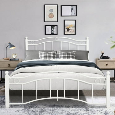 SESSLIFE Queen Size Platform Bed Frame with Headboard and Metal Slats, Vintage Style Mattress Foundation, Strong Metal Slats Support, Easy Assembly, White