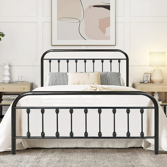 SESSLIFE Queen Size Victorian Style Bed with Headboard and Footboard, Iron Bed Frame for Bedroom, No Box Spring Needed, Black