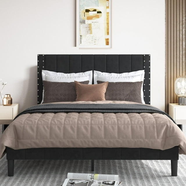 SESSLIFE Queen Upholstered Platform Bed, Black Queen Bed Frame with Height Adjustable Headboard, Hold 1000 LBS, No Box Spring Needed, Easy Assembly