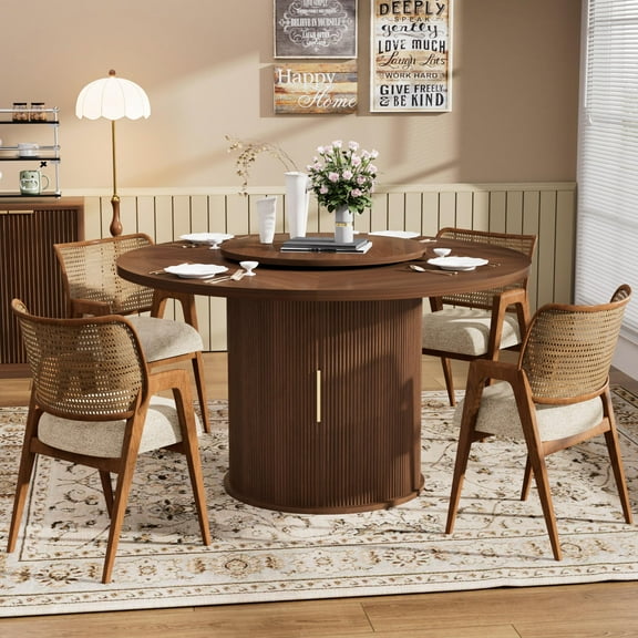 SESSLIFE Round Dining Table for 6, Circle Kitchen Table with a Double-tiered Storage Rack and a Rotating Tabletop Tray. Modern Farmhouse Dinner Tables Ideal for Home Dining Room (Walnut)