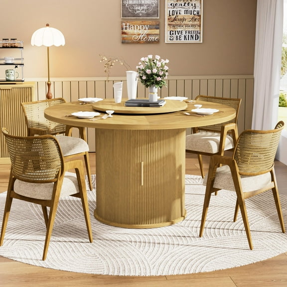 SESSLIFE Round Dining Table for 6, Circle Kitchen Table with a Double-tiered Storage Rack and a Rotating Tabletop Tray. Modern Farmhouse Dinner Tables Ideal for Home Dining Room (Natural)