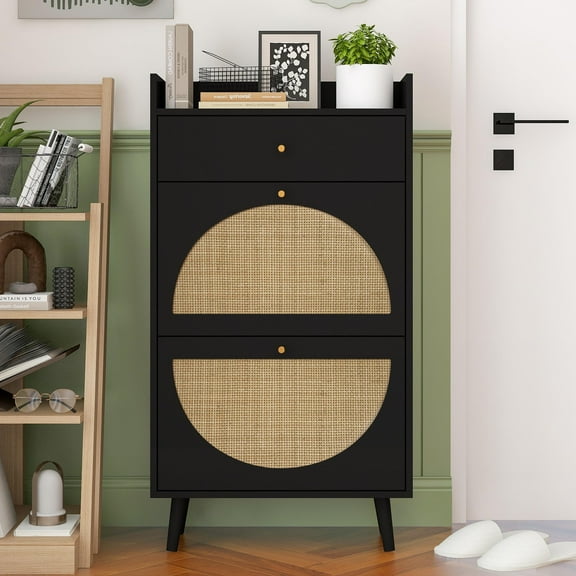 SESSLIFE Shoe Cabinet with 2 Flip Drawers & Drawer, Modern 18 Pair Shoe Rack Organizer, Wood Freestanding Shoe Organizer for Entrance, Black