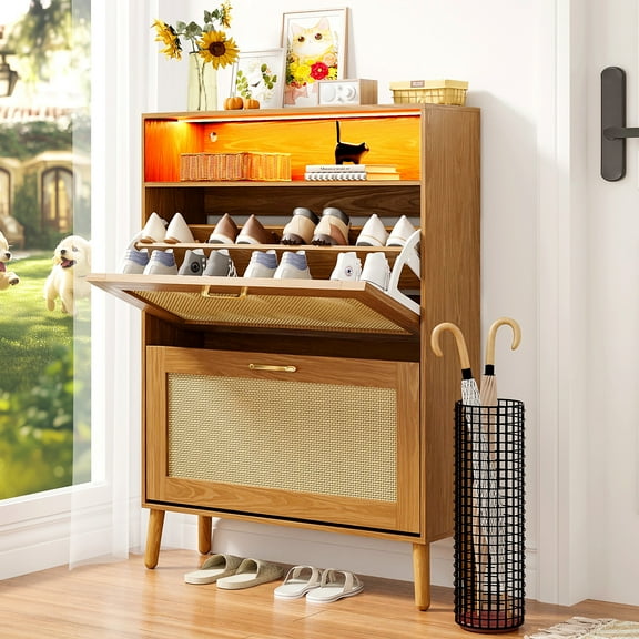 SESSLIFE Shoe Cabinet with 2 Flip Drawers & Shelf, Modern 18 Pair Shoe Rack Organizer, Wood Freestanding Shoe Organizer for Entrance, Brown