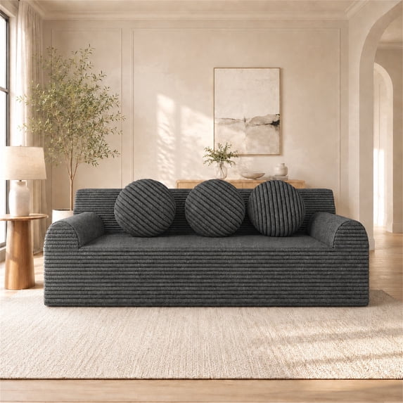 SESSLIFE 3 Seater Sofa Couch, Comfy Extra Deep Seat Cloud Couch with 3 Pillows and Side Pockets, Corduroy Low Profile Floor Sofa for Living Room, Compact No Assembly Couch, Dark Grey