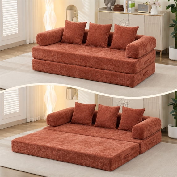 SESSLIFE Sofa Bed, Convertible Chenille Fabric Boneless Couch, Sleeper Sofa with Pillows & Storage Pocket, No Assembly Folding Pull Out Couch for Living Room, Orange