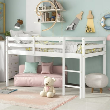PAPROOS Solid Wood Twin-Size Low Loft Bed with Ladder, White