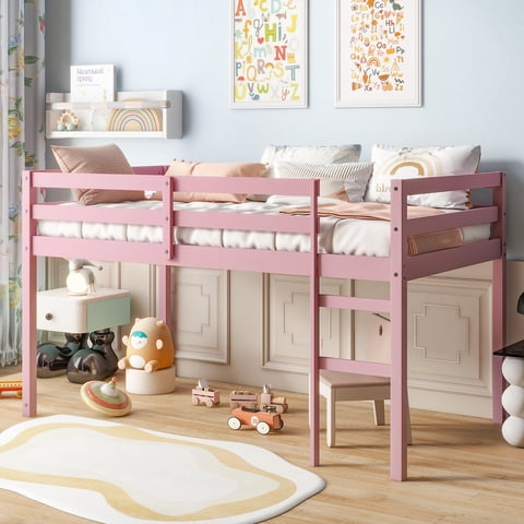 Twin Loft Bed with Ladder and Guardrails for Boys Girls, SESSLIFE Low Height Solid Wood Bed Frame, Space Saving Loft Bed with Under Bed Reading Nook, Play Area, Storage Space, Pink