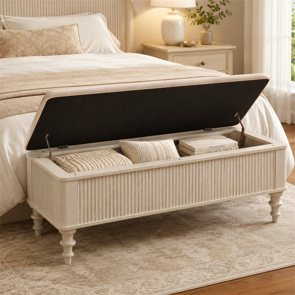 SESSLIFE Storage Bench, 50.8" Solid Wood Storage Ottoman Bench with Safety Hinge, Upholstered End of Bed Bench for Entryway Bedroom, Load 300 lb, Beige