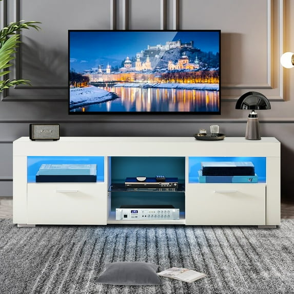 SESSLIFE Storage TV Stand for 55 Inch TV, White TV Cabinet with 16 Color LED Light, Living Room Entertainment Center