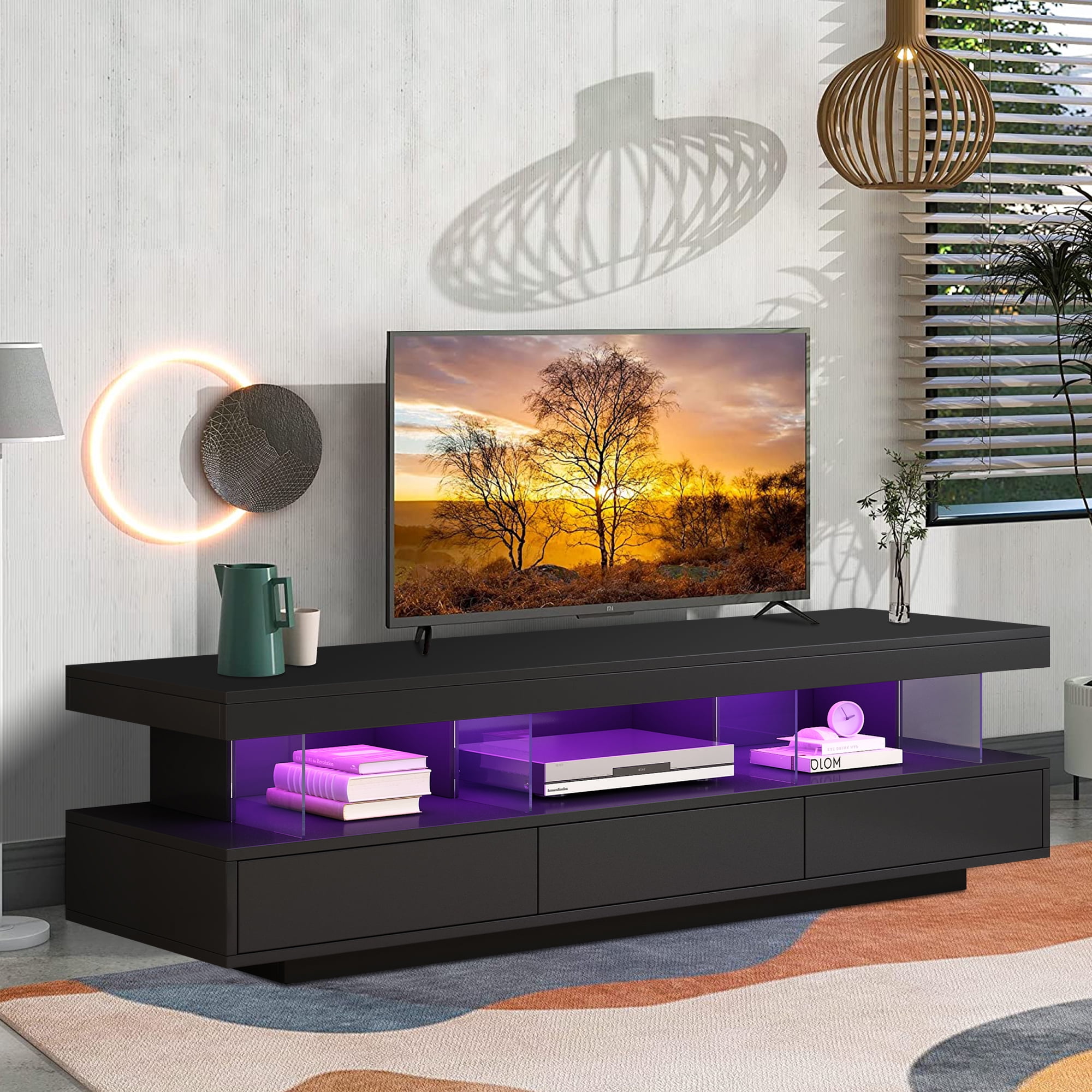 SESSLIFE Storage TV Stand for 70 Inch TV, TV Cabinet with 16 Color LED  Light, Living Room Entertainment Center