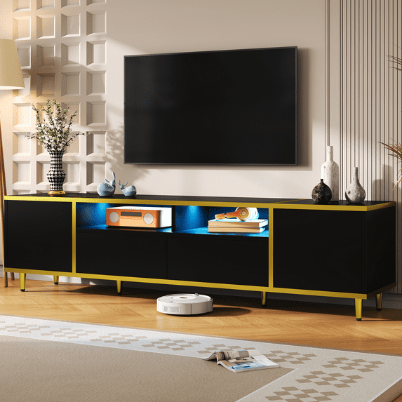 SESSLIFE TV Stand for 80 Inch TV, TV Cabinet with 16 Color LED Light, Living Room Entertainment Center with Storage Space,Black