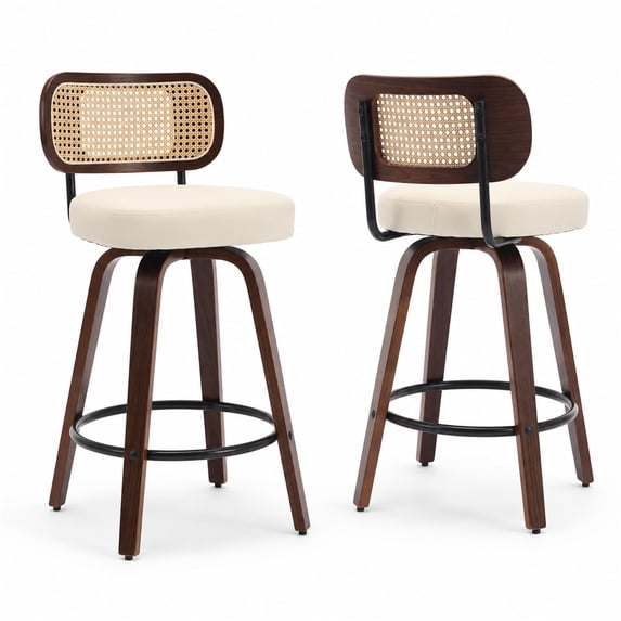 SESSLIFE Swivel Bar Stools Set of 2, 25.6" Counter Height Barstools with Beige PU Leather, Curved Backrest & Footrest, Mid-Century Modern Kitchen Stools for Kitchen Island