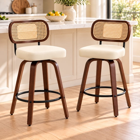SESSLIFE Swivel Bar Stools Set of 2, 25.6" Counter Height Bar Stools, PU Leather Upholstered Chairs with Cane Back, Mid Century Modern Kitchen Island Stools, Beige
