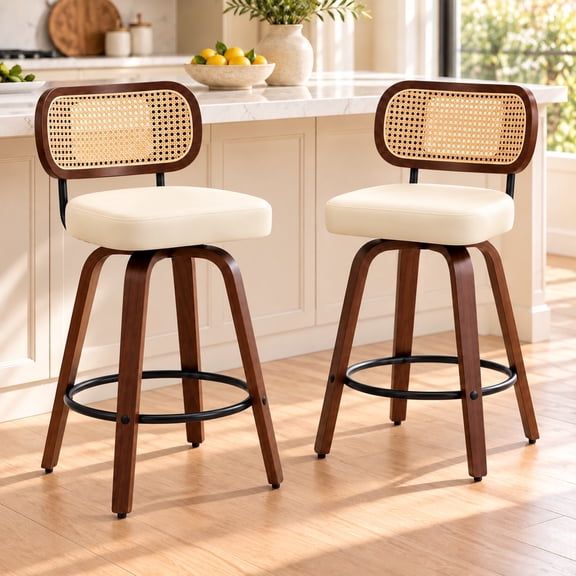 SESSLIFE Swivel Bar Stools Set of 2, 25.6" Counter Height Bar Stools, PU Leather Upholstered Chairs with Cane Back, Mid Century Modern Kitchen Island Stools, Beige