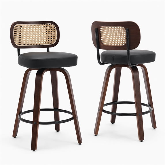 SESSLIFE Swivel Bar Stools Set of 2, 25.6" Counter Height Barstools with Black PU Leather, Curved Backrest & Footrest, Mid-Century Modern Kitchen Stools for Kitchen Island