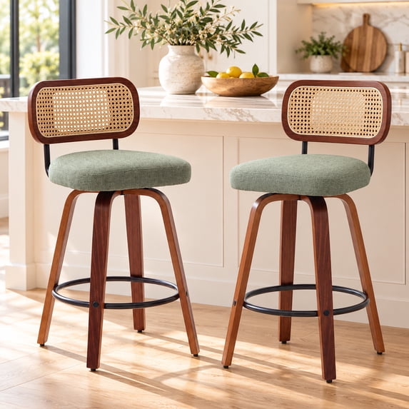 SESSLIFE Swivel Bar Stools Set of 2, 25.6" Counter Height Bar Stools, Linen Upholstered Chairs with Cane Back, Mid Century Modern Kitchen Island Stools, Green
