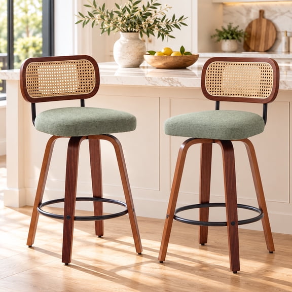 SESSLIFE Swivel Bar Stools Set of 2, 25.6" Counter Height Bar Stools, Linen Upholstered Chairs with Cane Back, Mid Century Modern Kitchen Island Stools, Green