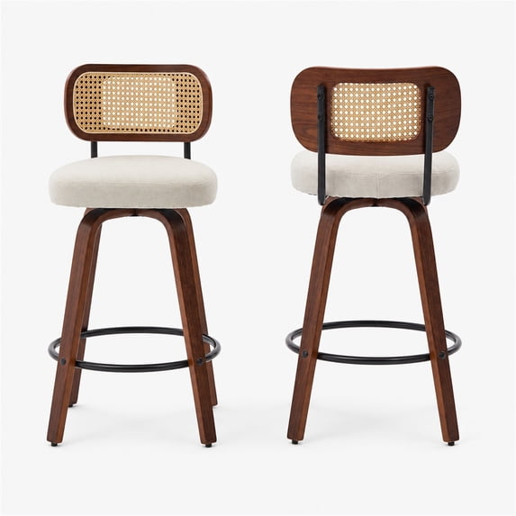 SESSLIFE Swivel Bar Stools Set of 2, 25.6" Counter Height Barstools with Upholstered Linen, Curved Backrest & Footrest, Mid-Century Modern Kitchen Stools for Kitchen Island, Beige