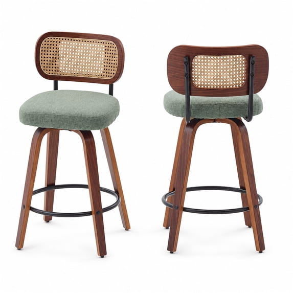 SESSLIFE Swivel Bar Stools Set of 2, 25.6" Counter Height Barstools with Upholstered Linen, Curved Backrest & Footrest, Mid-Century Modern Kitchen Stools for Kitchen Island, Green