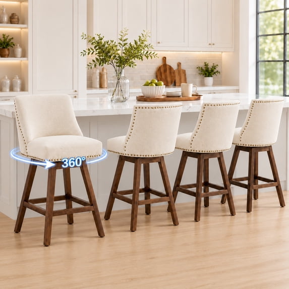 SESSLIFE Swivel Bar Stools Set of 4, 26" Counter Height Upholstered Bar Stools with Back, Bar Chairs with Solid Wood Legs for Kitchen Island Dining Room Home, Beige