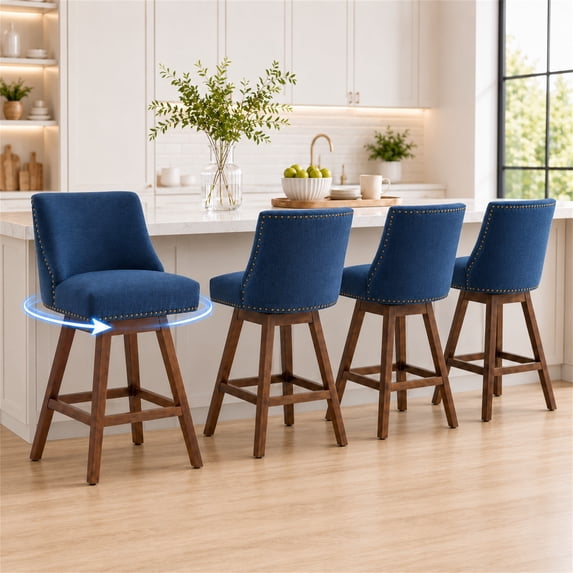 SESSLIFE Swivel Bar Stools Set of 4, 26" Counter Height Upholstered Bar Stools with Back, Bar Chairs with Solid Wood Legs for Kitchen Island Dining Room Home, Blue