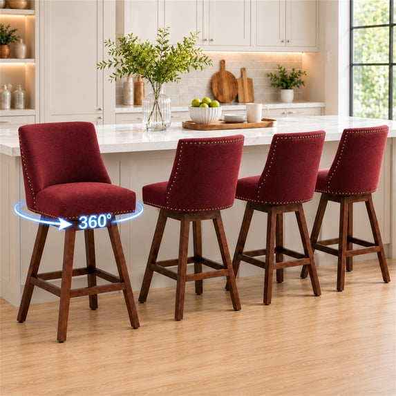 SESSLIFE Swivel Bar Stools Set of 4, 26" Counter Height Upholstered Bar Stools with Back, Bar Chairs with Solid Wood Legs for Kitchen Island Dining Room Home, Red