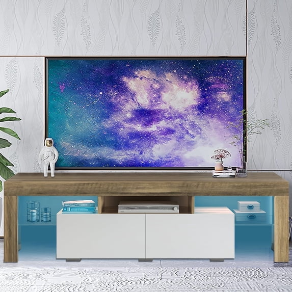 SESSLIFE TV Cabinet for 70 inch, Led TV Stand with RGB LED Lights, Storage Drawers, Living Room Bedroom Lounge Room TV Entertainment Center, Gray Walnut + White, TE2404