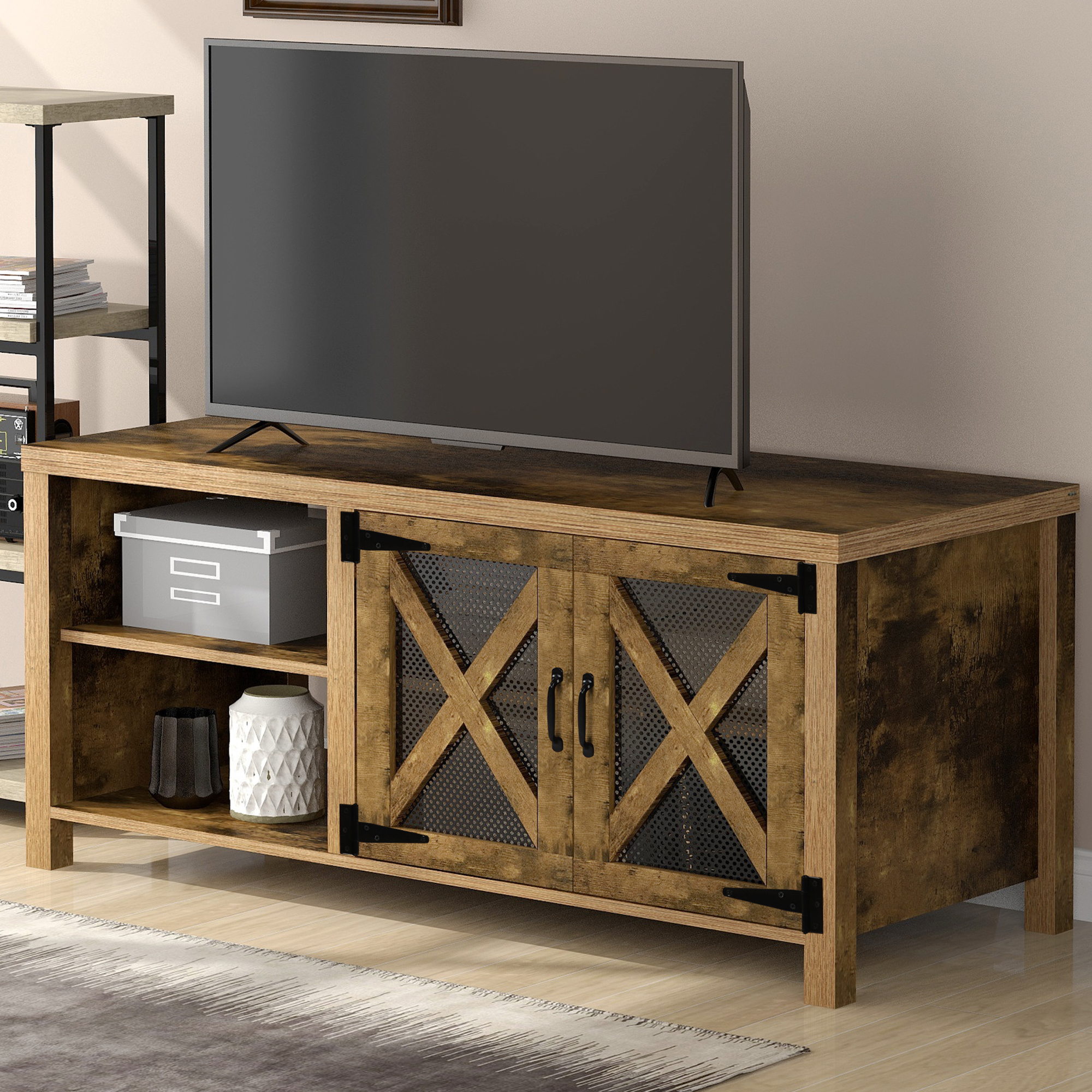SESSLIFE TV for 55 inch TV, Dark Brown TV Stand with Barn Door