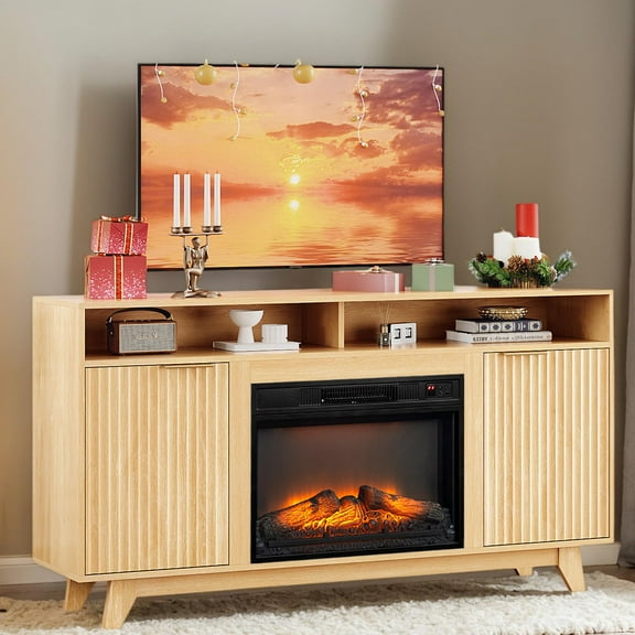 SESSLIFE Fireplace TV Stand with LED Light for 65 Inch TV, TV Console with 18''Electric Fireplace, Console Entertainment Center Television Table for Living Room or Bedroom, Natural
