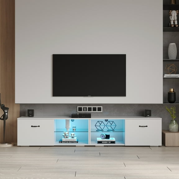 SESSLIFE TV Console Table for 80 Inch TV, Large Television Stand with Blue LED Lights, TV Cabinet with Storage Space, White TV Cabinet for Living Room, Bedroom
