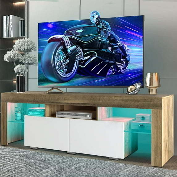 ENYOPRO TV Stand with Lights, Modern TV Cabinet for 70 inch TV, High Gloss TV Entertainment Center with 2 Storage Drawers for Living Room, Bedroom, Gray Walnut + White, TE2401
