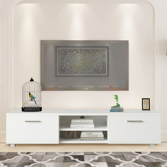SESSLIFE TV Stand for 70 inch TV with Storage, White TV Stand with 2 Cabinet and 2 Open Shelves, TV Console Television Stands for Living Room