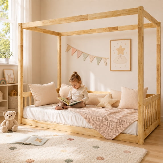 SESSLIFE Toddler Floor Bed, Twin Montessor Floor Bed with Safety Guardrails & Canopy Frame, Low Profile Wooden Platform Bed Frame, Natural