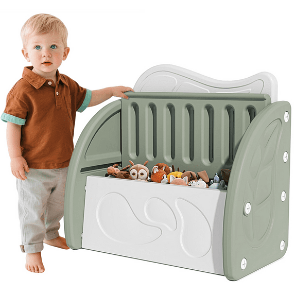SESSLIFE Toy Box for Boys Girls, Plastic Kids Toy Storage Organizer with Storage Bench and Leaf Backrest, Modern Toy Chest for Living Room, Toddler Room, Bedroom, Support 176 lbs, Green/Light Grey