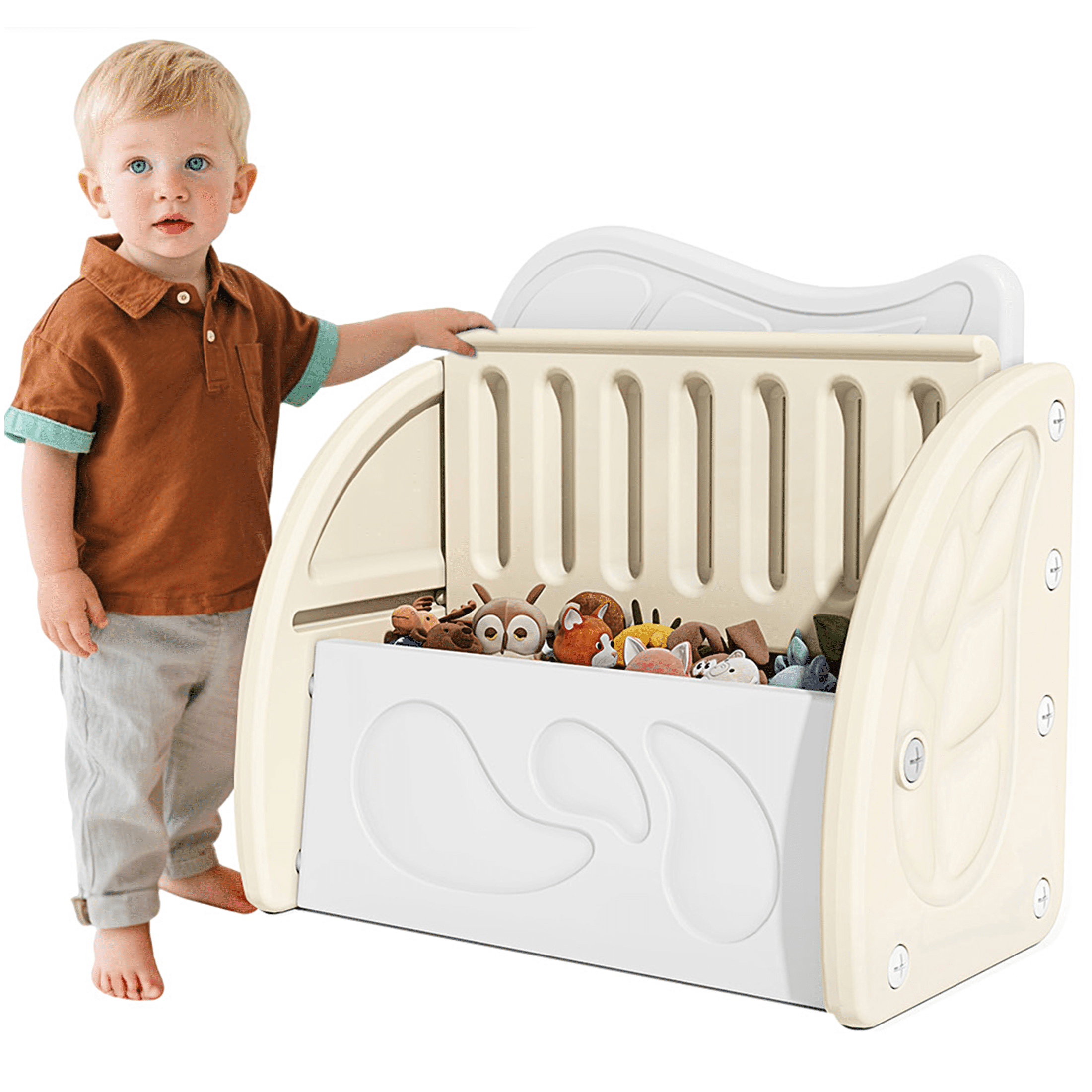 SESSLIFE Toy Box for Boys Girls, Plastic Kids Toy Storage Organizer with Storage Bench and Leaf Backrest, Modern Toy Chest for Living Room, Toddler Room, Bedroom, Support 176 lbs, Khaki/Light Grey