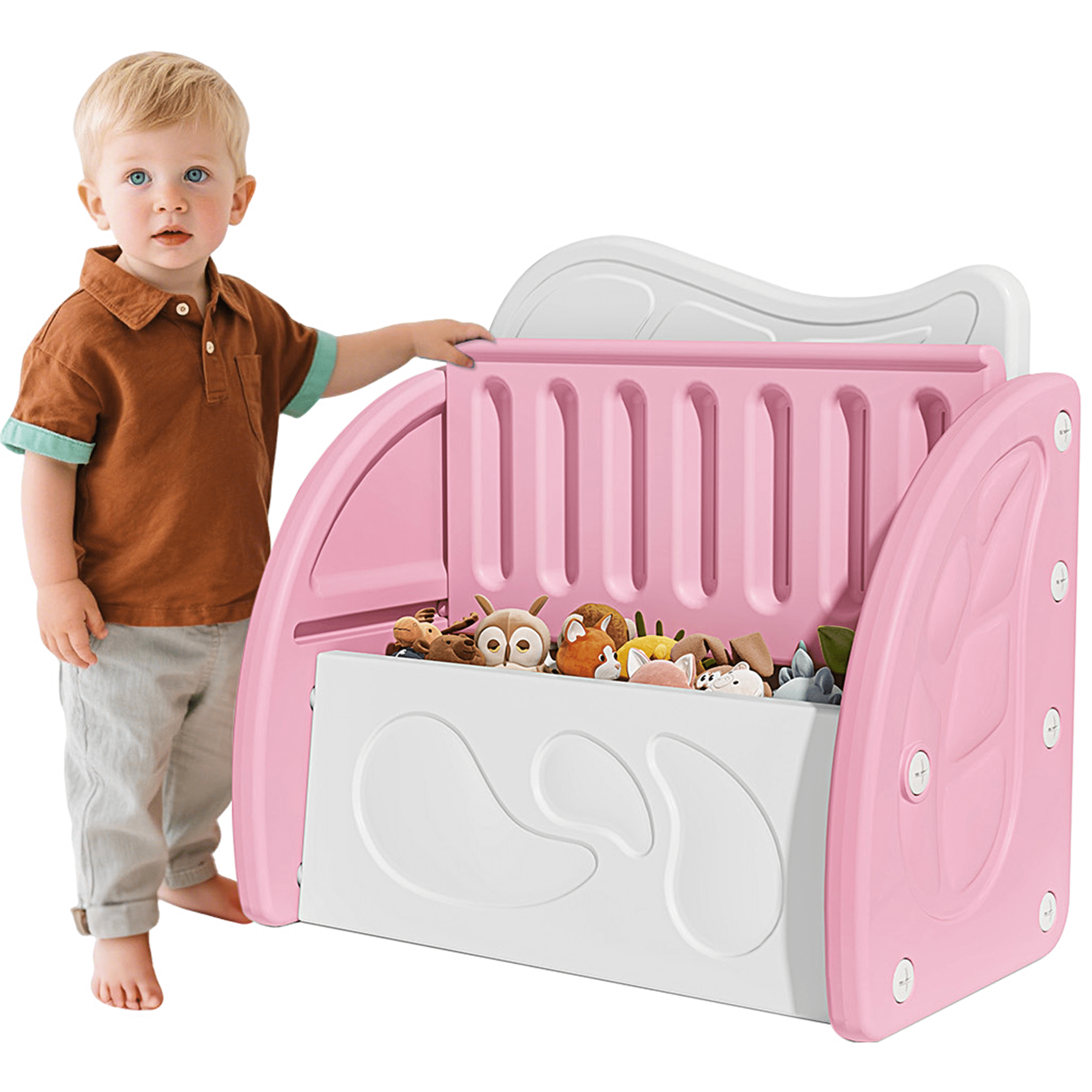 SESSLIFE Toy Box for Boys Girls, Plastic Kids Storage Organizer with Storage Bench and Leaf Backrest, Modern Toy Chest for Living Room, Toddler Room, Bedroom, Support 176 lbs, Pink/Light Grey
