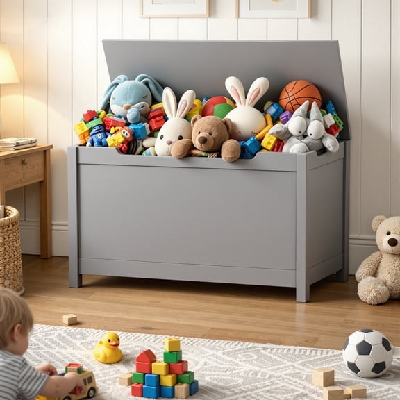 Toy Storage Box with Lid, SESSLIFE Wooden Toy Chest Seating Bench for Boys and Girls, Safety Hinged Storage Chest, Toy Organizer for Playroom Bedroom Entryway, Gray